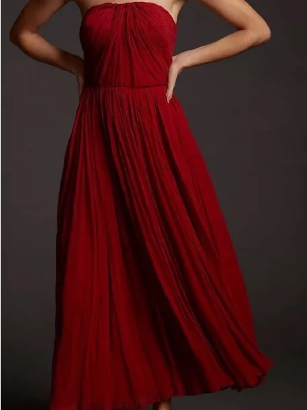 Anthropologie Strapless Ruched Bodice Pleated Red Gown